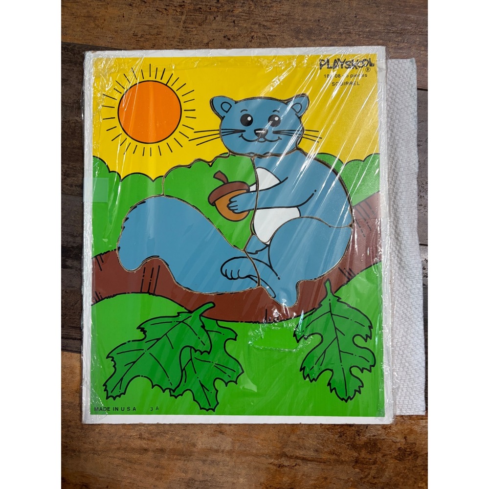 Vintage Playskool Wood Inset Puzzle Squirrel 186-08 5 Pieces Made in‎ USA